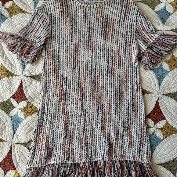 Zara fringe jacquard tweed dress white, orange, and navy striped mini dress - Picture 2 of 6